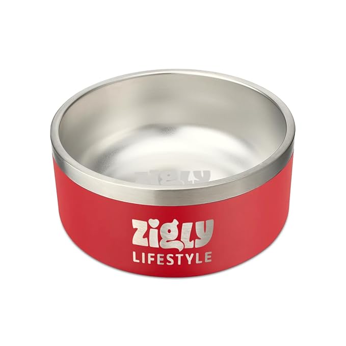 Zigly Double Walled Dog Bowl – 2000 ml, Red | Insulated Food Bowl for Dog | Anti-Skid Base | Large Size Dog Bowl for Food & Water