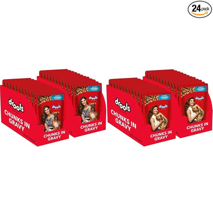 Drools Adult & Puppy Wet Dog Food, Real Chicken and Liver Chunks in Gravy, 48 Pouches (150g Each)