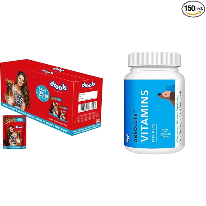 Drools Adult Wet Dog Food, Real Chicken and Chicken Liver Chunks in Gravy, 15 Pouches (15 x 150g) & Absolute Vitamin Tablet- Dog Supplement, 50 Pieces