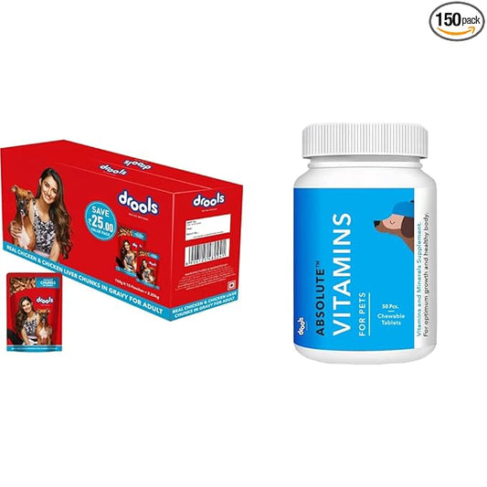 Drools Adult Wet Dog Food, Real Chicken and Chicken Liver Chunks in Gravy, 15 Pouches (15 x 150g) & Absolute Vitamin Tablet- Dog Supplement, 50 Pieces