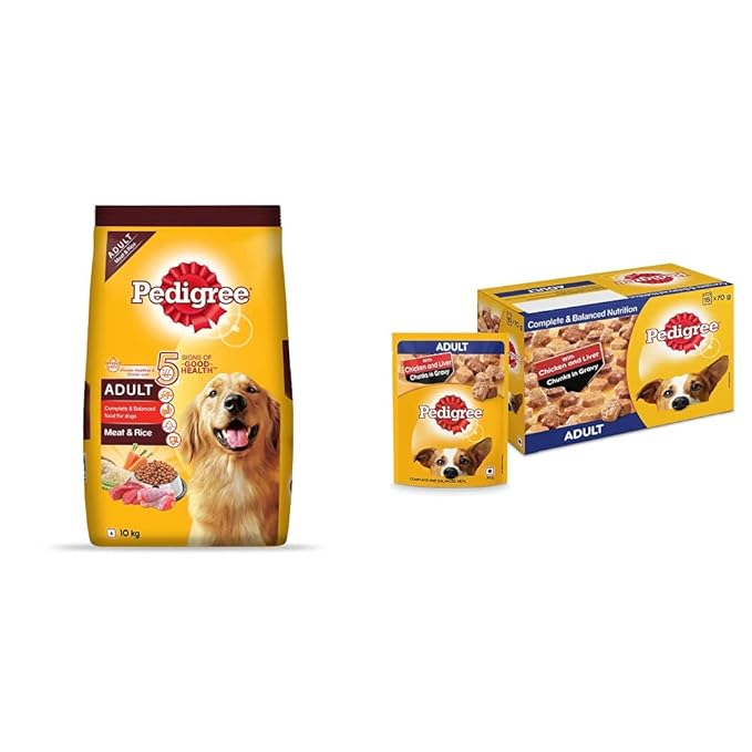 Pedigree Adult Dry Dog Food, Meat & Rice, 10kg Pack & Pedigree Adult Wet Dog Food, Chicken & Liver Chunks in Gravy, 70 g (Pack of 15)