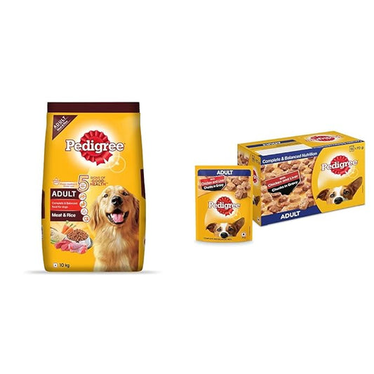 Pedigree Adult Dry Dog Food, Meat & Rice, 10kg Pack & Pedigree Adult Wet Dog Food, Chicken & Liver Chunks in Gravy, 70 g (Pack of 15)