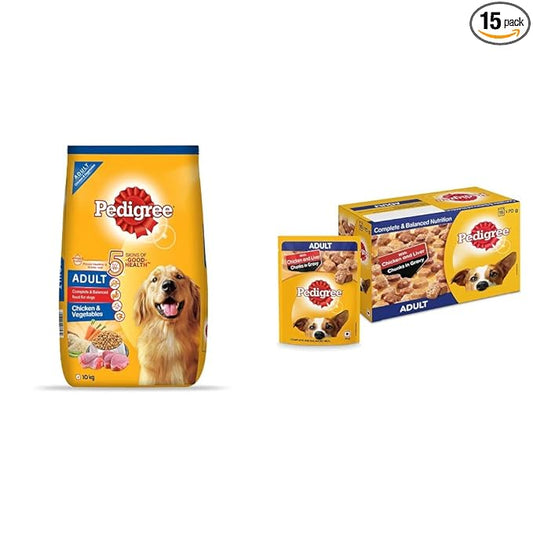 Pedigree Adult Dry Dog Food, Chicken & Vegetables, 10kg Pack & Pedigree Adult Wet Dog Food, Chicken & Liver Chunks in Gravy, 70 g (Pack of 15)