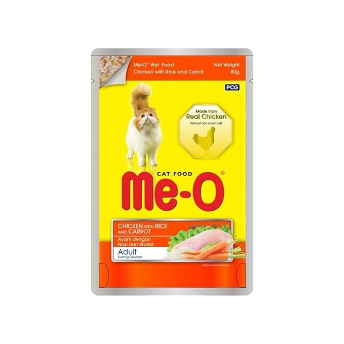 Me-O, Wet Food for Adut Cats, Chicken with Rice & Carrot 80G, Pack of 12 (80G X 12, 960G)