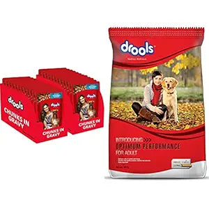 Drools Adult Wet Dog Food, Real Chicken and Chicken Liver Chunks in Gravy, 24 Pouches (24 x 150g) & Optimum Performance Adult Dog Food, 20kg