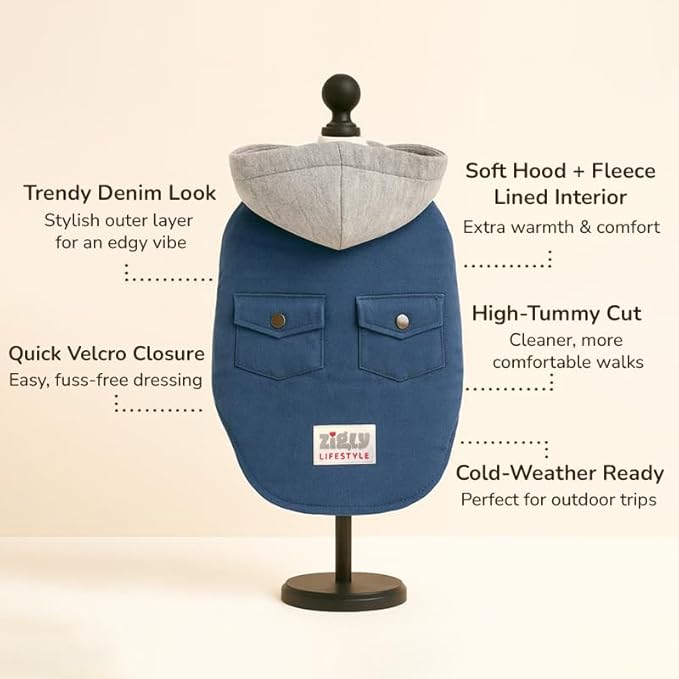 Zigly Lifestyle Classic Blue Denim Hoodie for Dogs-Blue-S-Soft Fleece-Lined Jacket for Winters|Stylish Winter Coat for Dogs
