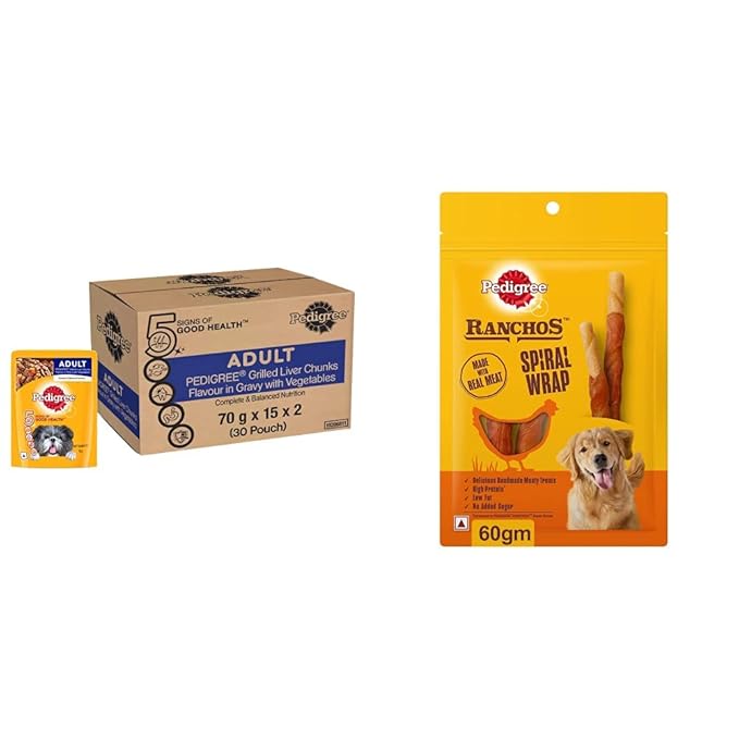 Pedigree Wet Food for Adult Dogs, Grilled Liver Chunks Flavour in Gravy with Vegetables, 30 Pouches (30 X 70 G)& RANCHOS Spiral Wrap Treats for Dog, Chicken & Smoky Lamb Flavour, 60 G