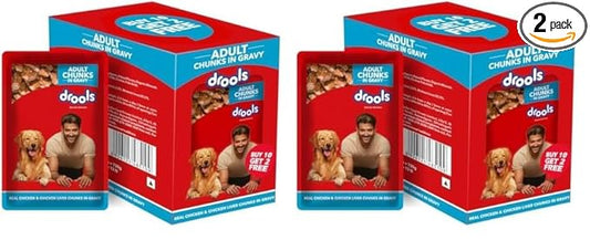 Drools Adult Wet Dog Food, Real Chicken and Chicken Liver Chunks in Gravy,10 Pouches + 2 Pouches Free (12 x 60g) (Pack of 2)