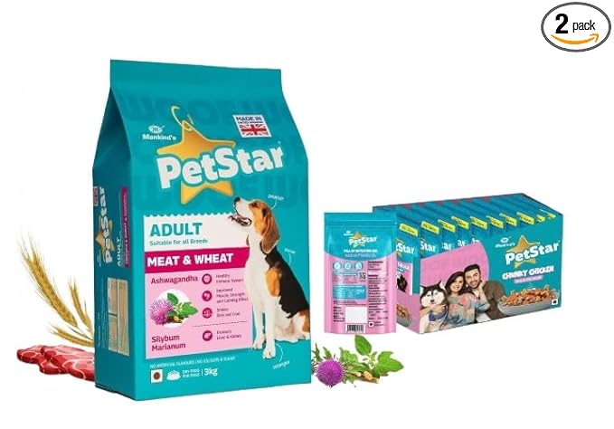 Mankind Petstar Adult Dog Food (High Protein) Combo - Meat & Wheat 3 kg + Adult Gravy 120g (Pack of 15)