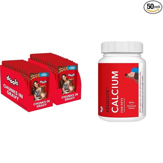 Drools Adult Wet Dog Food, Real Chicken and Chicken Liver Chunks in Gravy, 24 Pouches (24 x 150g) & Drools Absolute Calcium Tablet- Dog Supplement, 50 Pieces