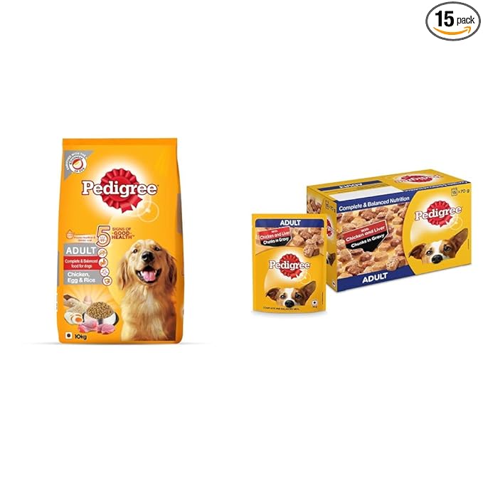 Pedigree Combo for Adult Dogs- Dry Dog Food, (High Protein Variant) Chicken, Egg & Rice, 10 kg Pack & Wet Dog Food, Chicken & Liver Chunks in Gravy, 70 g (Pack of 15)
