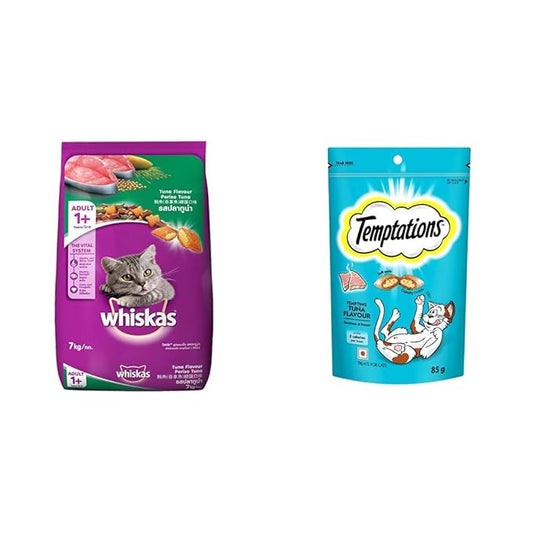 Whiskas Adult (+1 Year) Dry Cat Food Food, Tuna Flavour, 7kg Pack & Cat Treat, Tempting Tuna Flavour - 85 g