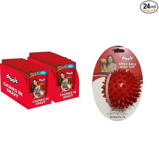 Drools Adult Wet Dog Food, Real Chicken and Chicken Liver Chunks in Gravy, 24 Pouches (24 x 150g)&Drools Non-Toxic Rubber Stud Spike Hard Ball Chew Toy, Puppy/Dog Teething Toy - 3 inches, Red