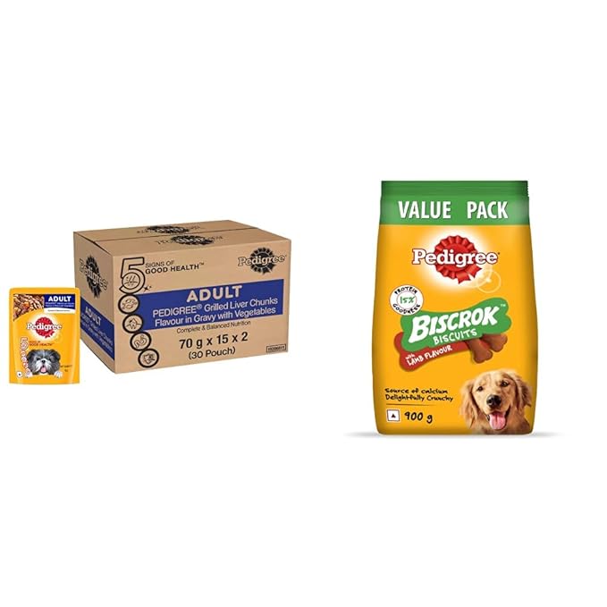 Pedigree Wet Food for Adult Dogs, Grilled Liver Chunks Flavour in Gravy with Vegetables, 30 Pouches (30 X 70 g)&Pedigree Biscrok Biscuits Treats for Dog (Above 4 Months), Lamb Flavour, 900g