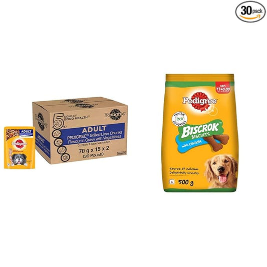 Pedigree Wet Food for Adult Dogs, Grilled Liver Chunks Flavour in Gravy with Vegetables, 30 Pouches (30 X 70 g)&Pedigree Biscrok Biscuit Treats for Dogs (Above 4 Months), Chicken Flavour, 500g Pack