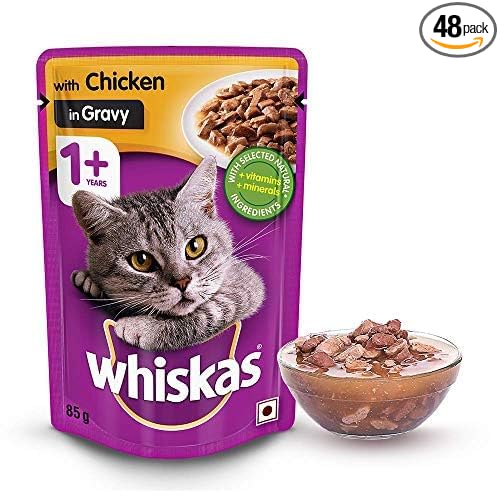Whiskas Adult (1+ Years) Wet Cat Food, Chicken in Gravy Flavour, 48 x 85 g Pouches
