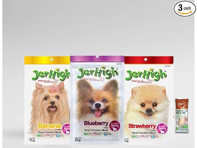 Jerhigh DogsNCats Real Chicken Food Treat Stick Blueberry, Banana, Strawberry Flavor 3 Pack Combo Set 70g for Dogs with Free Gnawlers Calcium Bone 23g (1pc) Sold by DogsNCats