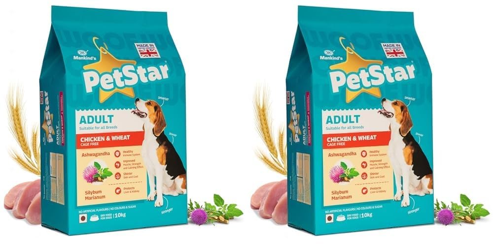 Mankind PetStar Adult Dry Dog Food (High Protein) Chicken & Wheat Flavor, 10kg (Pack of 2)| Improves Muscle & Strength, Supports Immunity, Protects Liver & Kidney