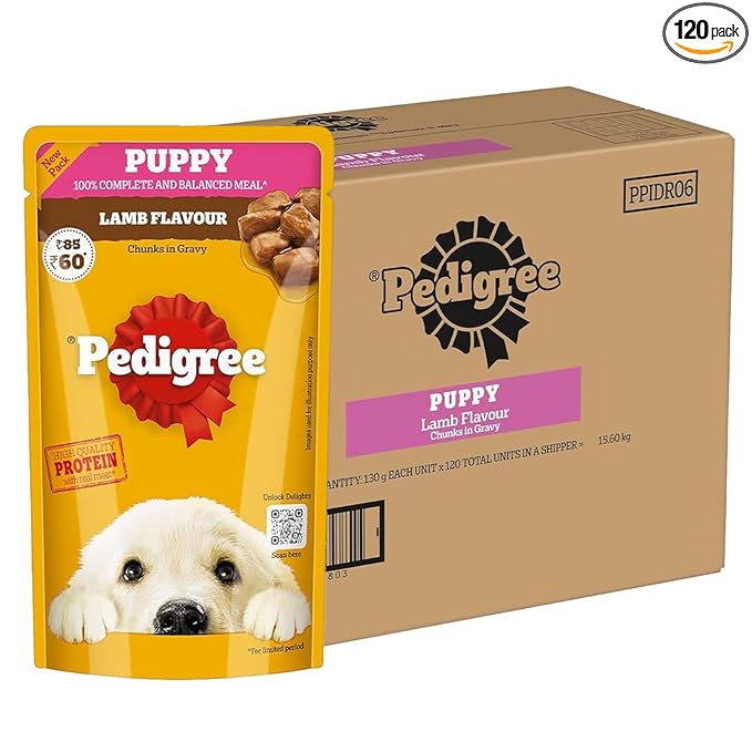 Pedigree Puppy Wet Dog Food, Lamb Flavour Chunks in Gravy, 130 g (Pack of 120), Complete & Balanced Meal for Puppies