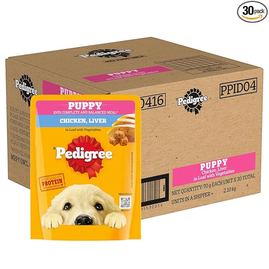 Pedigree Puppy Wet Dog Food, Chicken Liver in Loaf with Vegetables, 70 g (Pack of 30), Supports Healthy Immune System, Complete & Balanced Nutrition for Puppies
