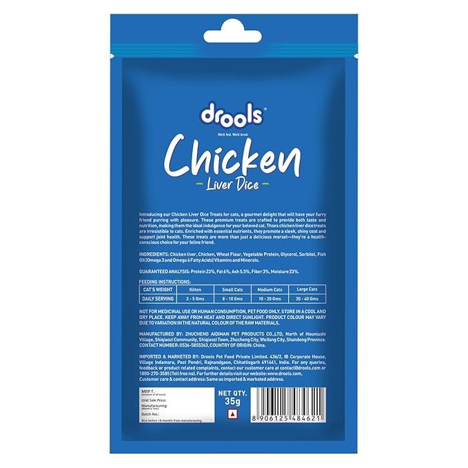 Drools Kitten & Adult Liver Diced, Cat Treats, 35g | Real Chicken Flavour | Rich in Protein | No Artificial Preservatives | Best for Training & Bonding
