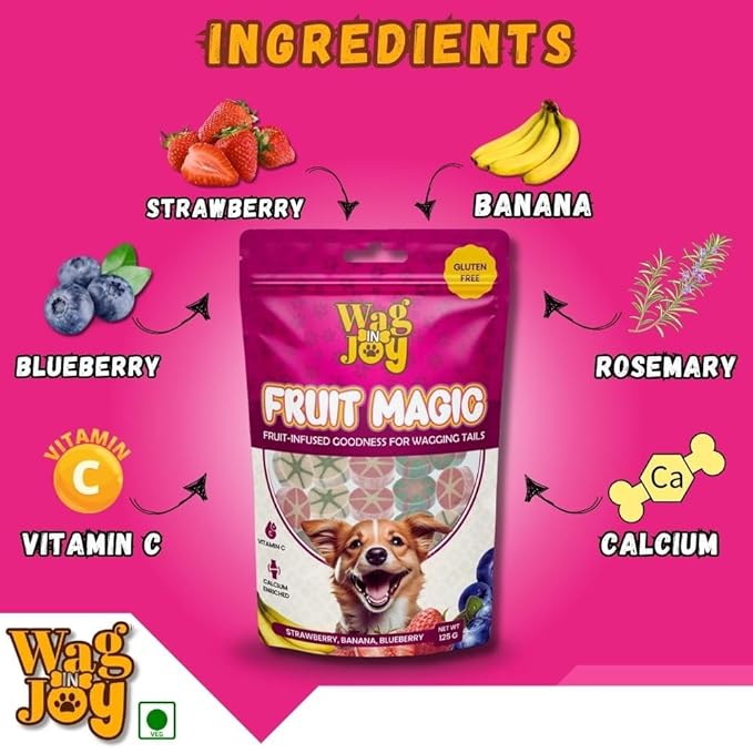 Fruit Magic Veg Treats for Dogs | Vitamin C, Calcium Enriched | Gluten Free | Mix Fruit, Strawberry, Blueberry & Banana Flavour, 125 gm (Candies Shape) (Pack of 4)