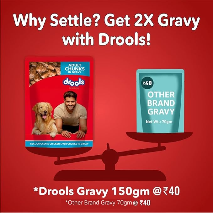 Drools Adult Wet Dog Food, Real Chicken and Chicken Liver Chunks in Gravy 0.9Kg (150g x6) Pack of 12