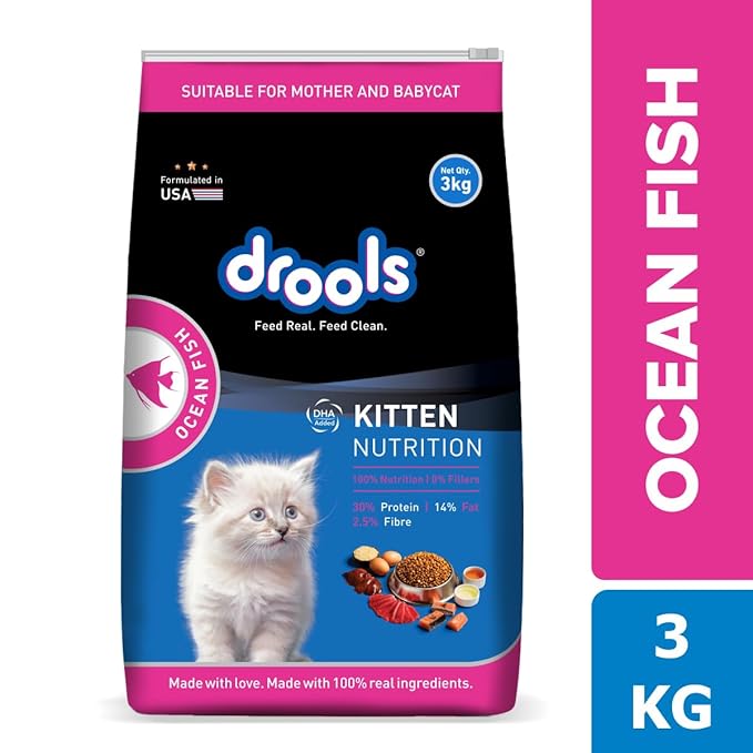 Drools Dry Cat Kitten Food 3kg | Ocean Fish Flavour | Skin and Coat Health | Maintains a Healthy Digestive System | No Artiﬁcial Flavours | Hairball Control