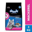 Drools Dry Cat Adult Food 3kg | Mackerel Flavour | Skin and Coat Health | Provides Better Vision and Shiny Coat | No Artiﬁcial Flavours | Hairball Control