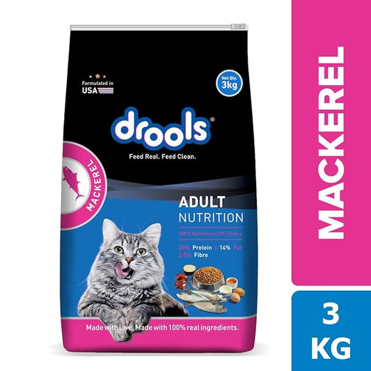Drools Dry Cat Adult Food 3kg | Mackerel Flavour | Skin and Coat Health | Provides Better Vision and Shiny Coat | No Artiﬁcial Flavours | Hairball Control