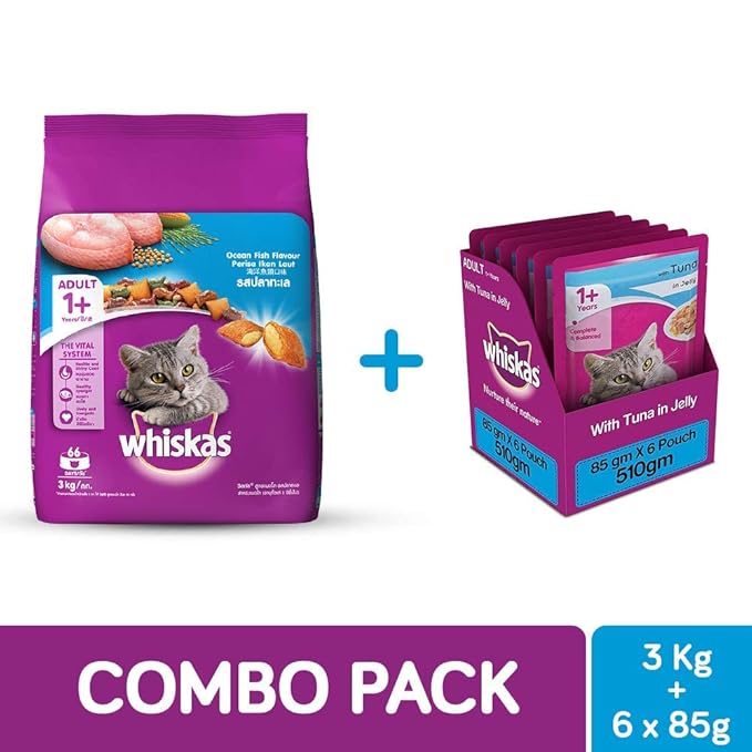 Whiskas Adult Cat Food Combo - Ocean Fish Dry, 3kg + Tuna in Jelly, 85g (6 Pouches)