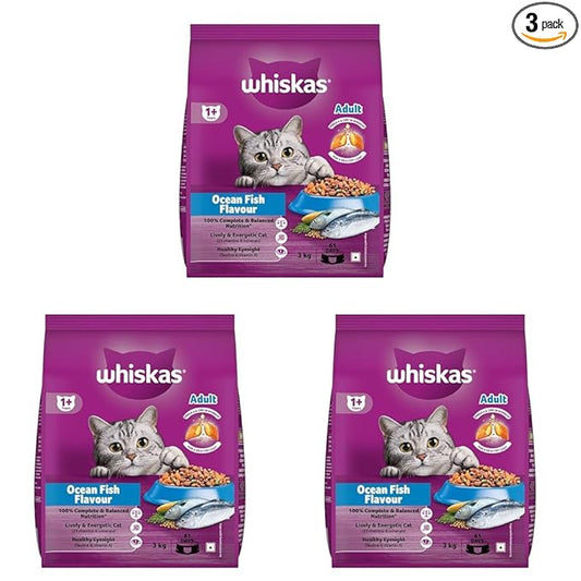 Whiskas Adult (1+ Years) Dry Cat Food, Ocean Fish Flavour, 3 kg, Contains 41 Essential Nutrients, Complete & Balanced Nutrition for Adult Cats (Pack of 3)