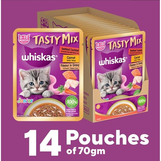 Whiskas Tasty Mix Kitten (2-12 Months) Wet Cat Food, Seafood Cocktail Carrot Flavour in Gravy, 70 g x 14, 100% Complete & Balanced Nutrition for Kittens