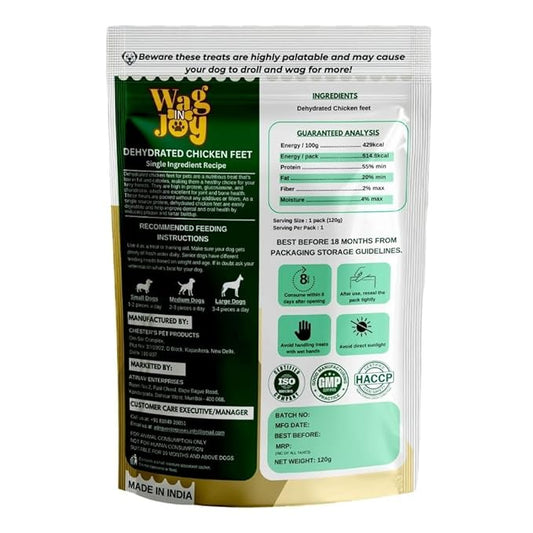 100% Natural Dehydrated Chicken Feet Treats for Dogs | High in Glucosamine & Chondroitin | Gluten-Free | 120 gram Pack with 8-12 Pieces, Young, Dry Food