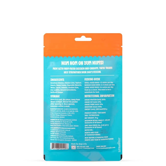 Heads Up For Tails Yum Nums Soft & Chewy Sticks - Carrot with Chicken | Dog & Puppy Treats | Training Treats for Small & Adult Dogs | High-Protein, Soft & Tasty Snacks - 75gm