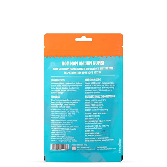 Heads Up For Tails Yum Nums Soft & Chewy Sticks - Carrot with Chicken | Dog & Puppy Treats | Training Treats for Small & Adult Dogs | High-Protein, Soft & Tasty Snacks - 75gm