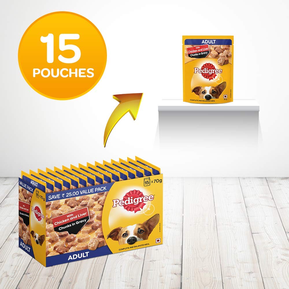 Pedigree Adult Dry Dog Food, Chicken & Vegetables, 10kg Pack & Pedigree Adult Wet Dog Food, Chicken & Liver Chunks in Gravy, 70 g (Pack of 15)