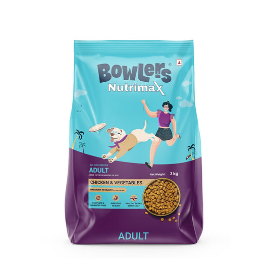 Bowlers Nutrimax Adult Dry Dog Food | Chicken & Vegetables | 3 kg Protein | Smooth Digestion & Healthy Coat | Complete & Balanced Nutrition | Enriched with Essential Amino Acids