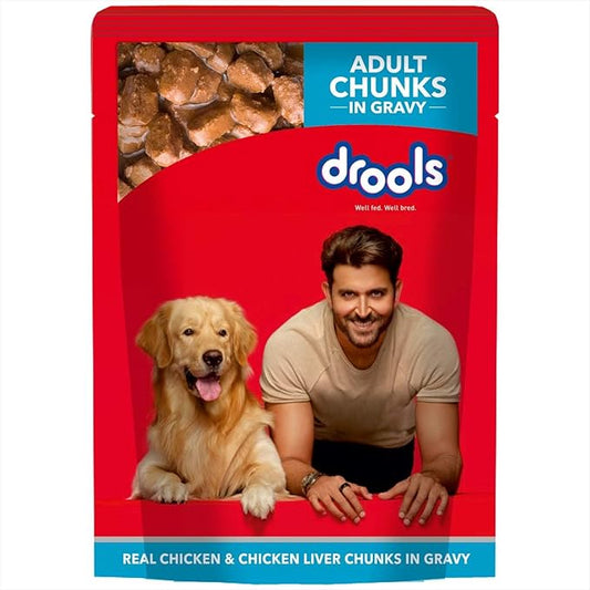 Drools Adult Wet Dog Food 2.25kg (150g x 15) Pack of 15 | Real Chicken and Chicken Liver Chunks in Gravy | Better Digestibility & Health | Healthy Skin & Coat | Maintains Joint Health