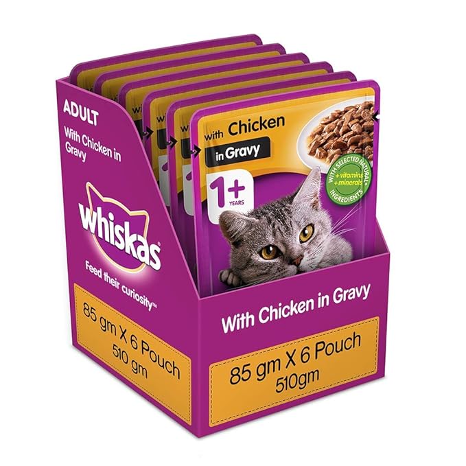 Whiskas Adult (1+ Years) Wet Cat Food, Chicken in Gravy Flavour, 6 x 85 g Pouches