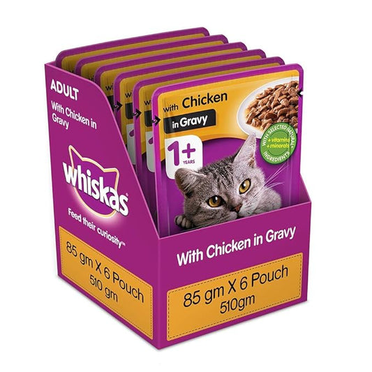 Whiskas Adult (1+ Years) Wet Cat Food, Chicken in Gravy Flavour, 6 x 85 g Pouches