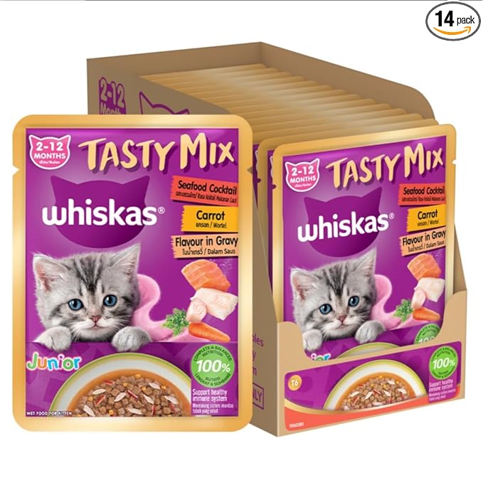 Whiskas Tasty Mix Kitten (2-12 Months) Wet Cat Food, Seafood Cocktail Carrot Flavour in Gravy, 70 g x 14, 100% Complete & Balanced Nutrition for Kittens