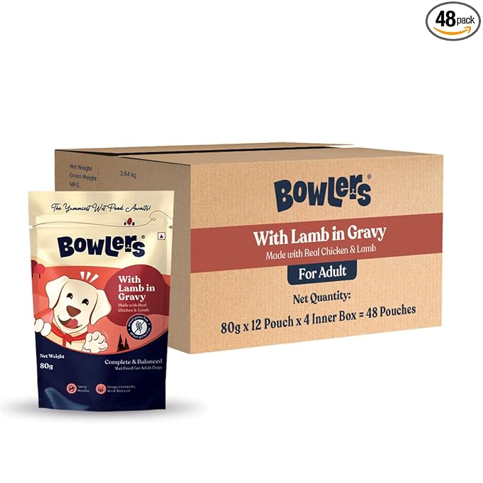 Bowlers Adult Wet Dog Food | Lamb in Gravy |80 GMS (Pack of 48)| Gluten Free | Supports Hydration | Smooth Digestion & Healthy Coat