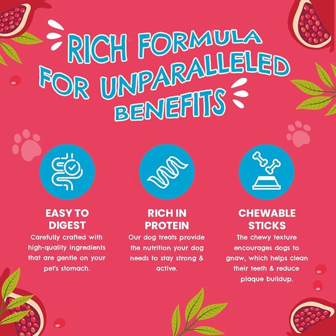 Pomegranate Chicken Sticks- 100gms | Crunchy Dog Treats | Made with Real Fruit & Chicken | Highly Nutritious | Easy to Digest | Suitable for All Dog Breeds | Pack of 1