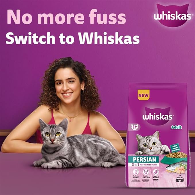 Whiskas Persian Adult (1+ Years) Dry Cat Food, 1.1kg, 100% Complete & Balanced Tailor Made Nutrition, Reduces Hairfall, for Healthy Coat & Skin
