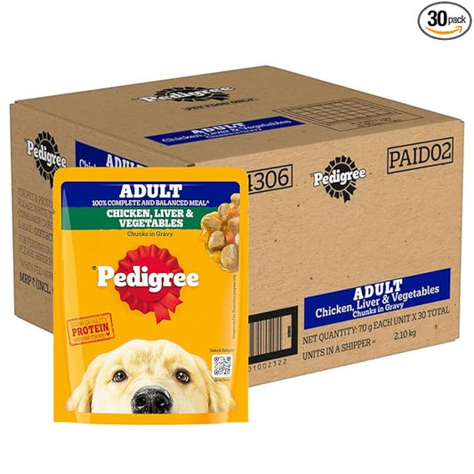 Pedigree Adult Wet Dog Food, Grilled Liver Chunks Flavour in Gravy with Vegetables, 70 g (Pack of 30), Complete & Balanced Nutrition for Adult Dogs