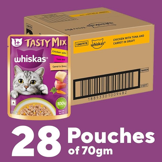 Whiskas Tasty Mix Adult (1+ Year) Wet Cat Food, Chicken with Tuna & Carrot in Gravy, 70 g, Pack of 28| Made with Real Fish| Complete & Balanced Nutrition for Adult Cat
