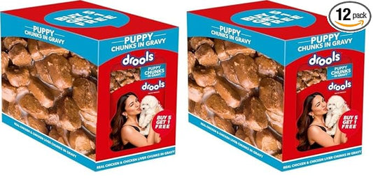 Drools Puppy Wet Dog Food Real Chicken and Chicken Liver Chunks Gravy 0.9 Kg (6 X 150g) Pack of 12