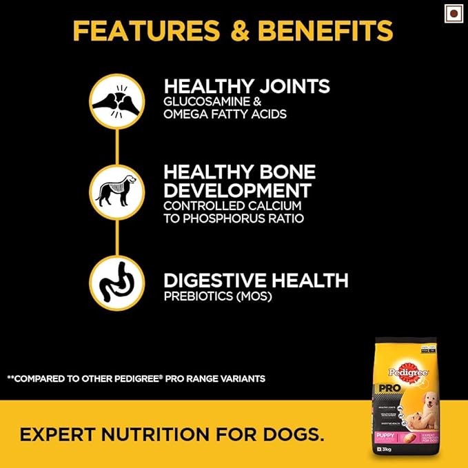 Pedigree PRO Expert Nutrition Large Breed Puppy (3-18 Months), Dry Dog Food, Chicken, 3kg Pack & Puppy Wet Dog Food, Chicken and Liver Chunks Flavour in Gravy with Vegetables, 70g Pouch