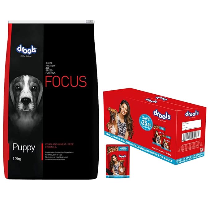 Drools Adult Wet Dog Food, Real Chicken and Chicken Liver Chunks in Gravy, 15 Pouches (15 x 150g)+ Drools Focus Puppy Super Premium Dog Food (1.2Kg),1.2 g (Pack of 1)